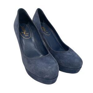 Yves Saint Laurent Navy Suede Round-Toe Platform Pumps